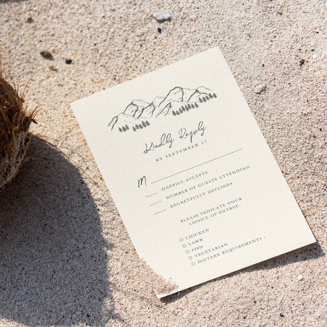 Sage Green Mountain Pine Tree Outdoor Wedding RSVP Card (Creator Uploaded)