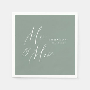 Sage Green Mr. and Mrs. script minimalist wedding Napkin