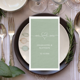 Sage green mr mrs heart script simple wedding napkin