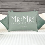 Sage Green Mr & Mrs Newlywed Couple Wedding Accent Pillow<br><div class="desc">Celebrate your holy matrimony with this cute Mr. and Mrs. wedding pillow for newlywed couples. Customize it by adding your last name / surname and wedding anniversary year date. Dusty sage green colour with white elegant font. Great for a bridal shower or anniversary / wedding gift for a husband and...</div>