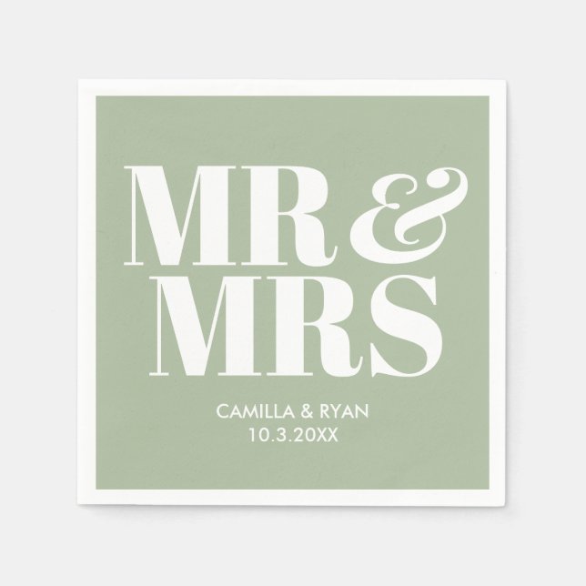 Sage Green Mr & Mrs Personalized Wedding Napkins (Front)