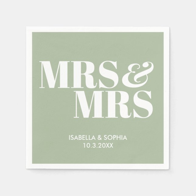 Sage Green Mrs & Mrs Personalized Wedding Napkins (Front)