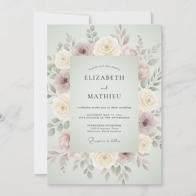 Sage Green Muted Floral Wedding Invitation (Front)