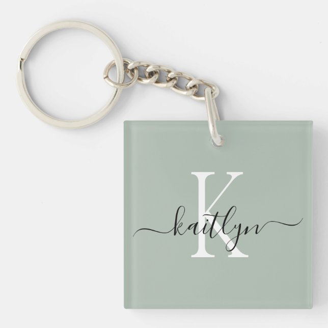Sage Green Name Initial Monogram Keychain (Front)