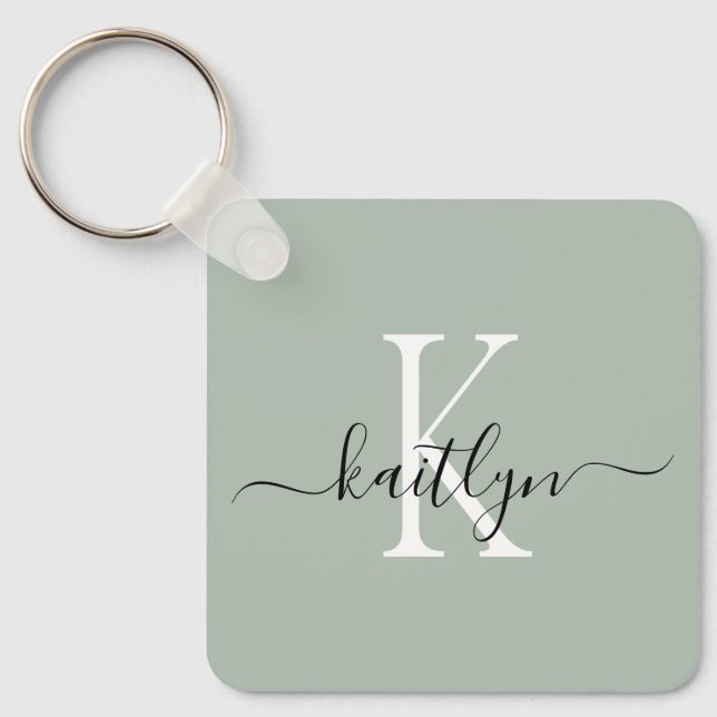Sage Green Name Initial Monogram Keychain (Front)
