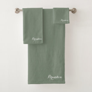 Sage Green Name Modern Elegant Monogram Boho Bath Towel Set