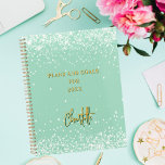 Sage green name script 2025 planner<br><div class="desc">A sage green background decorated with confetti. Personalize and add a name. The name is written with a large modern hand lettered script, signature style. Perfect for school, work or organizing your personal/family life.</div>