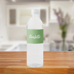 Sage green name script water bottle label<br><div class="desc">A trendy sage green coloured background. Personalize and add your name written with a modern hand lettered style script in white.</div>