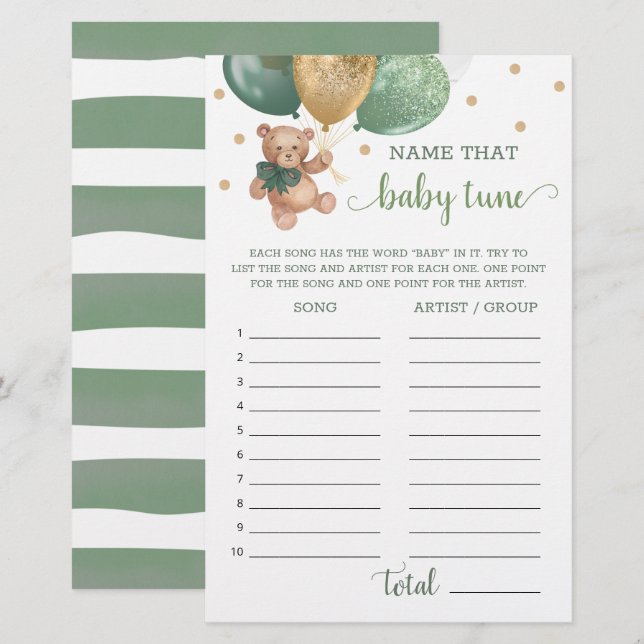 Sage Green Name That Baby Tune Game Teddy Bear  (Front/Back)