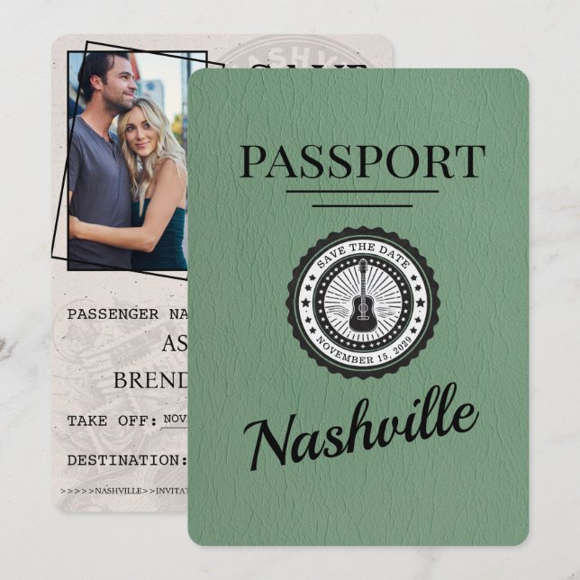 Sage Green Nashville Passport Save The Date (Front/Back)