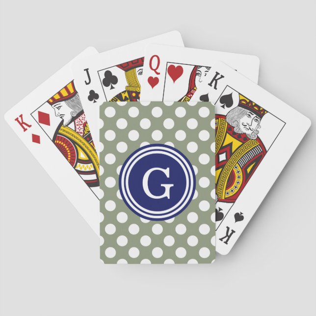 Sage Green Navy Blue White Polka Dots 1IR Playing Cards (Back)