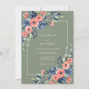 Sage Green Navy Floral Rustic Wedding Invitation
