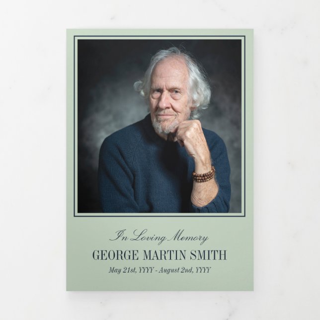 Sage Green & Navy In Loving Memory Photo Funeral Tri-Fold Programme (Cover)