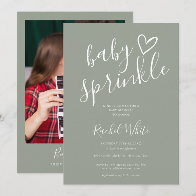 Sage Green Neutral Baby Sprinkle Shower Photo Invitation (Front/Back)
