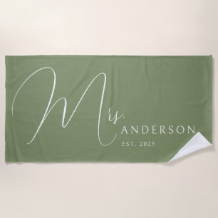 Sage Green Newlyweds Name Personalized Honeymoon Beach Towel