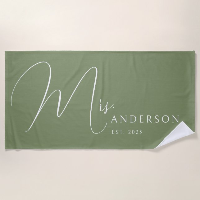 Sage Green Newlyweds Name Personalized Honeymoon Beach Towel (Front)