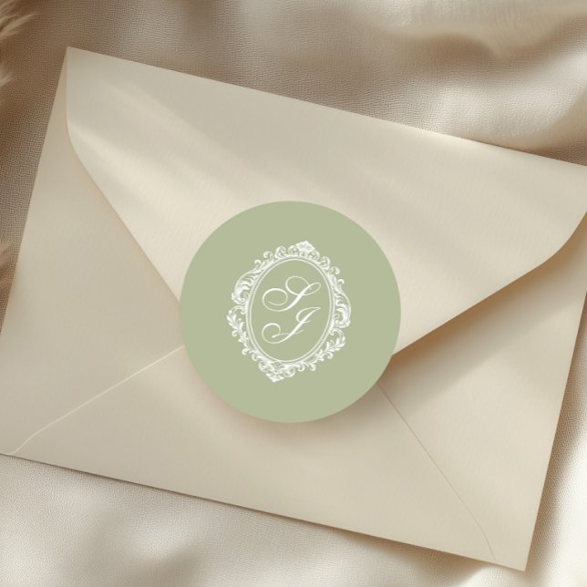 Sage Green Old Money Classic Crest Monogram Round Sticker (Creator Uploaded)