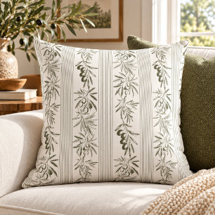 Sage Green Olive Branch Botanical Stripe Pattern Throw Pillow