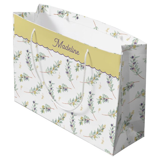 Sage Green Olive Branch Monogram Name Large Gift Bag (Back Angled)