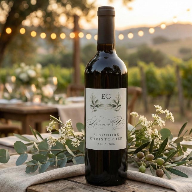 Sage Green Olive Branch Monogram Thank You Card Wine Label (Creator Uploaded)