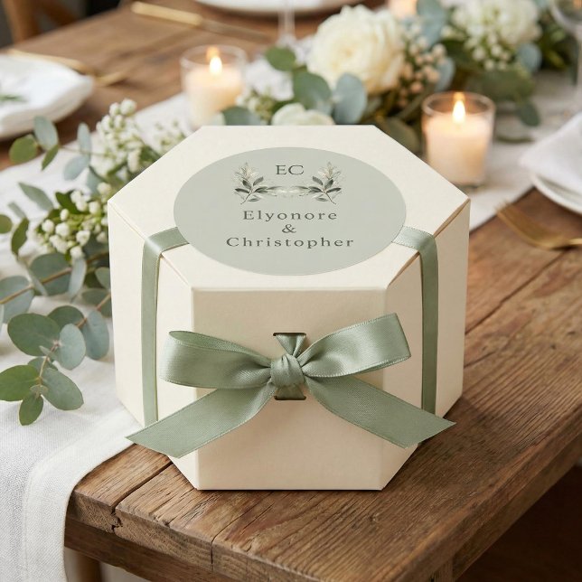 Sage Green Olive Branch Monogram Wedding  Classic Round Sticker (Creator Uploaded)