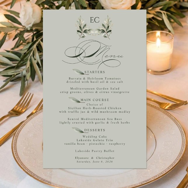 Sage Green Olive Branch Monogram Wedding Menu (Créateur téléchargé)