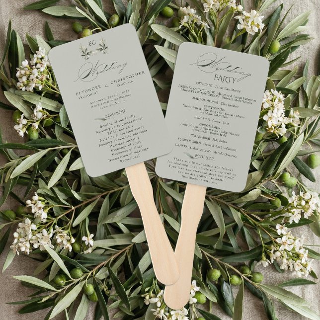Sage Green Olive Branch Monogram Wedding Program  Hand Fan (Creator Uploaded)