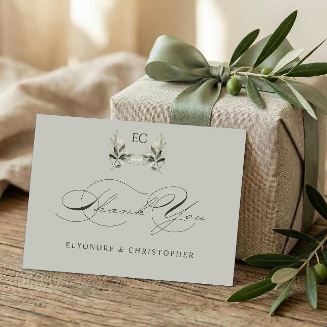 Sage Green Olive Branch Monogram Wedding Thank You Card (Creator Uploaded)