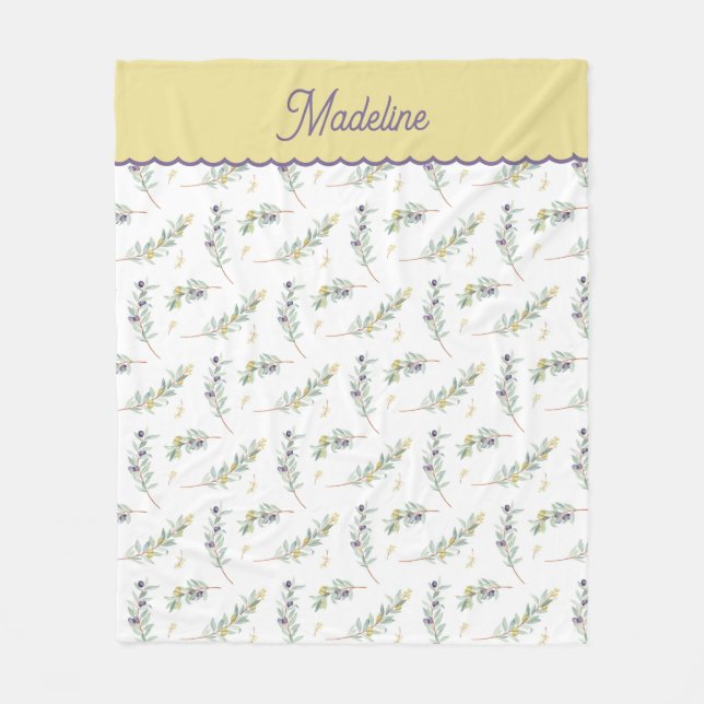 Sage Green Olive Branch Pattern Name Fleece Blanket (Front)