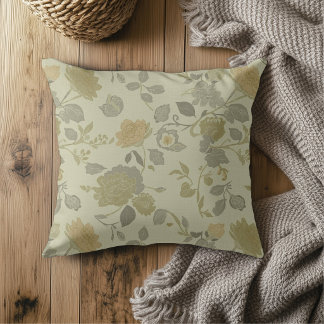 Sage Green Olive Gold Grey Modern Farmhouse Floral Throw Pillow