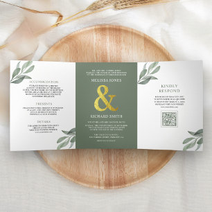 Sage Green Olive Leaves Branch QR Code Wedding Tri-Fold Invitation