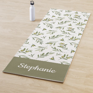 Sage Green Olives Watercolor Custom Name Yoga Mat