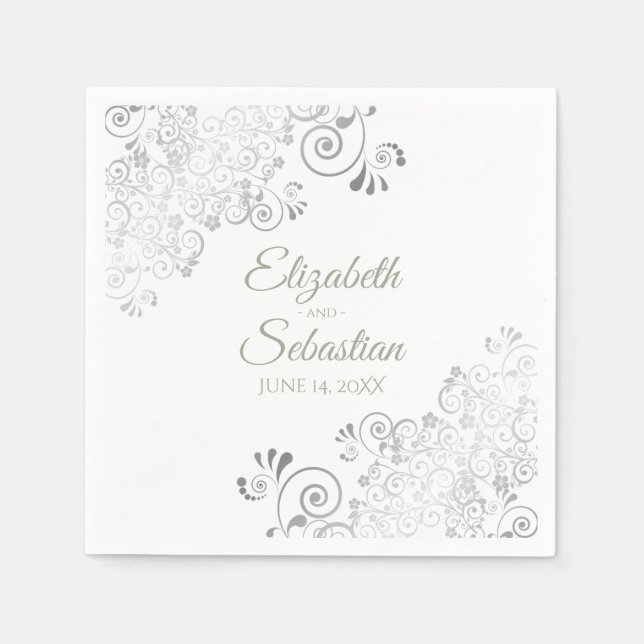 Sage Green on White Silver Frills Elegant Wedding Napkin (Front)