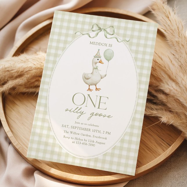 Sage Green One Silly Goose Birthday Invitation (Creator Uploaded)