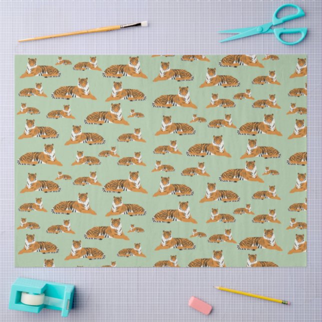 Sage Green Orange Jungle Tiger Animal Pattern Tissue Paper (Craft)