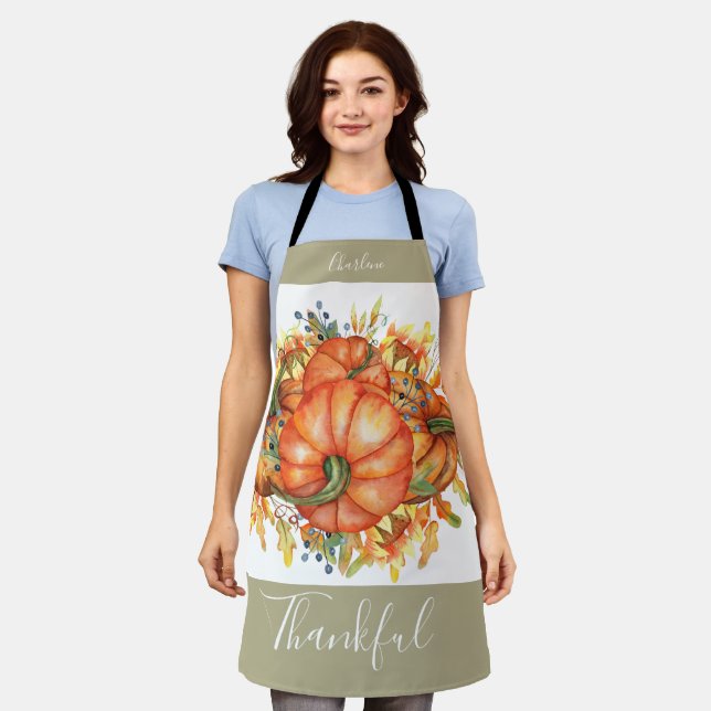 Sage Green & Orange Pumpkin Bounty Thanksgiving Apron (Worn)