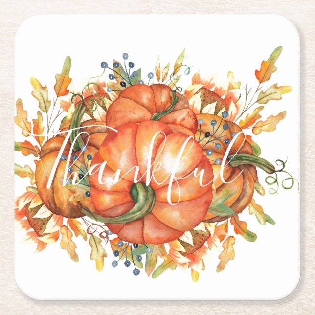 Sage Green & Orange Pumpkin Bounty Thanksgiving  Square Paper Coaster (Front)