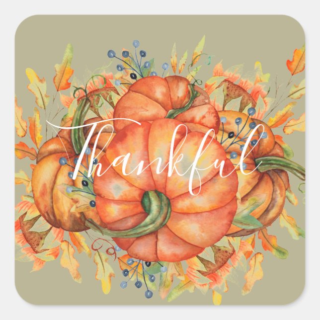 Sage Green & Orange Pumpkin Bounty Thanksgiving  Square Sticker (Front)