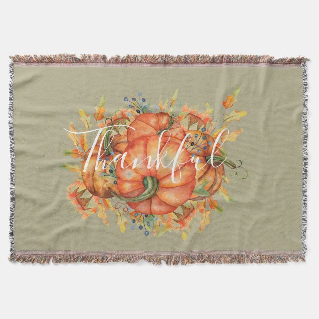 Sage Green & Orange Pumpkin Bounty Thanksgiving  Throw Blanket (Front)