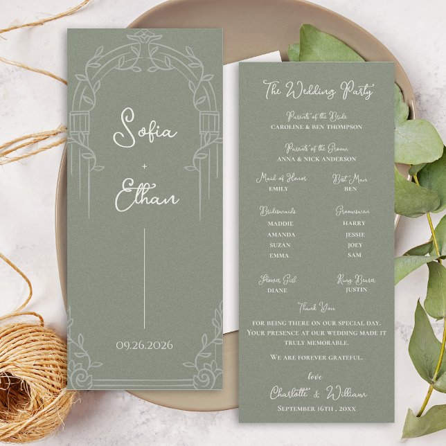 Sage Green Ornate Arch Botanical Wedding Program  (Elegant Sage Green Ornate Arch Botanical Wedding Program Card)