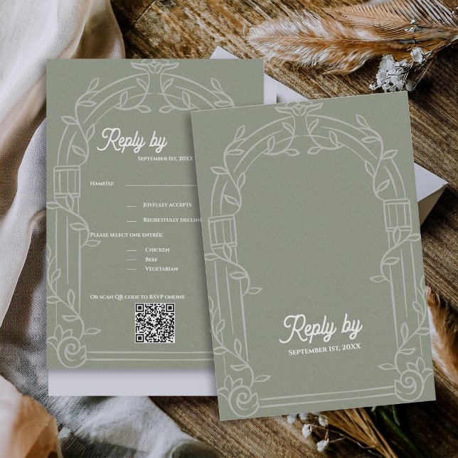 Sage Green Ornate Arch Botanical Wedding Reply By RSVP Card (Sage Green Ornate Arch Botanical Wedding RSVP Card with QR Code | Elegant Wedding Reply Card)