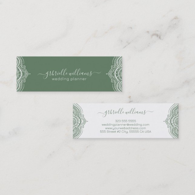 Sage green ornate frame on white background 2 mini business card (Front/Back)