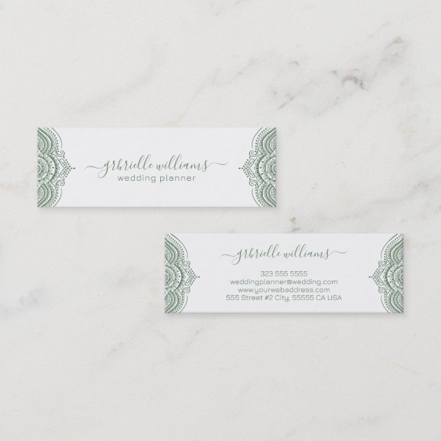 Sage green ornate frame on white background mini business card (Front/Back)