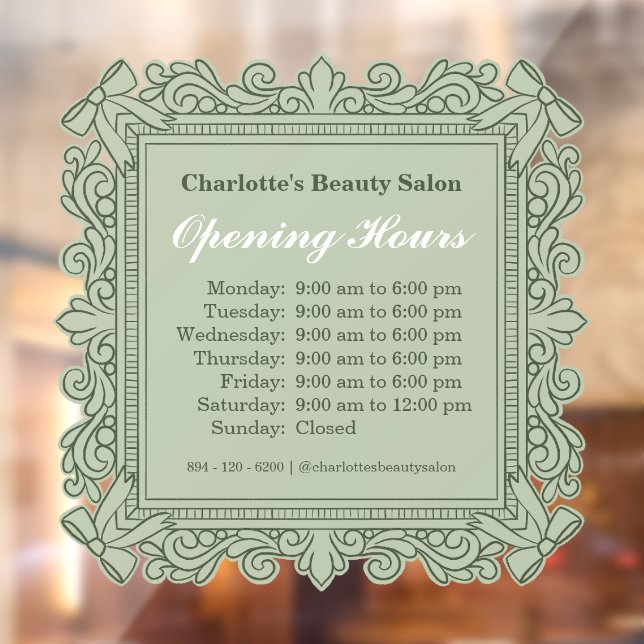 Sage Green Ornate Frame Opening Hours Window Cling (Sheet 2)