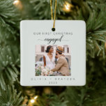 Sage Green Our First Christmas As Engaged Photo Ceramic Ornament<br><div class="desc">Celebrate your first Christmas as an engaged couple with this elegant sage green photo ceramic ornament. The soft sage palette frames your favorite picture with a calm, romantic aesthetic perfect for holiday decorating. Clean modern typography and a refined finish create a timeless keepsake designed for gifting or displaying on your...</div>