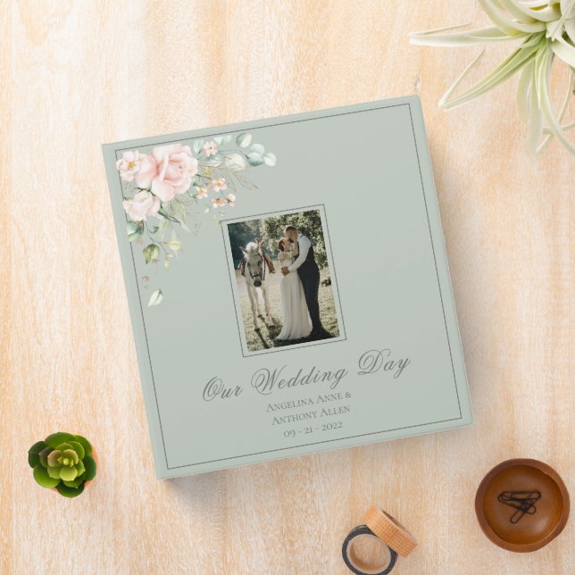 Sage Green Our Wedding Floral Script Keepsake Binder (In Situ)
