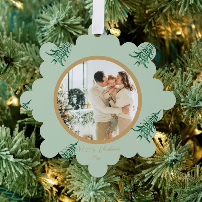 Sage Green Pagoda Merry Christmas Tree 2-Photo Ornament Card (Insitu (Tree))