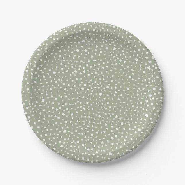 Sage Green Painted Smudge Dot Organic Boho Pattern Paper Plate (Front)