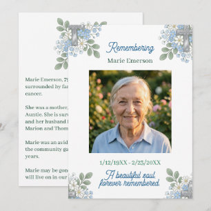 Sage Green Pale Blue Floral Cross   Photo Memorial Card