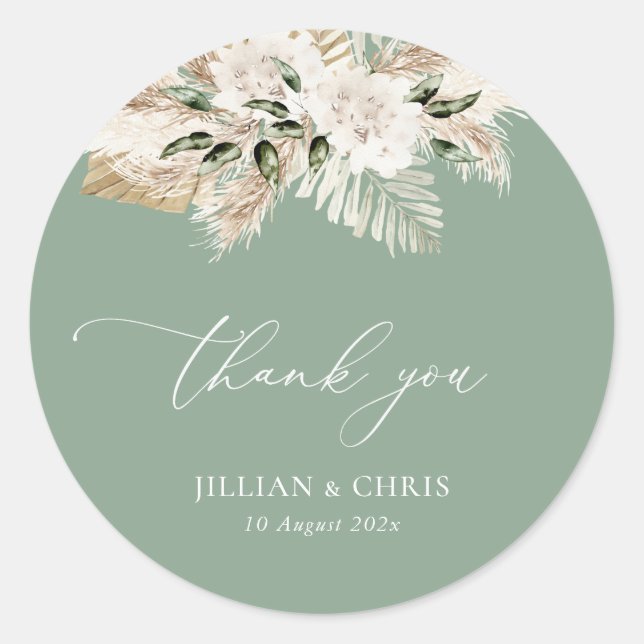 Sage green pampas floral wedding classic round sticker (Front)